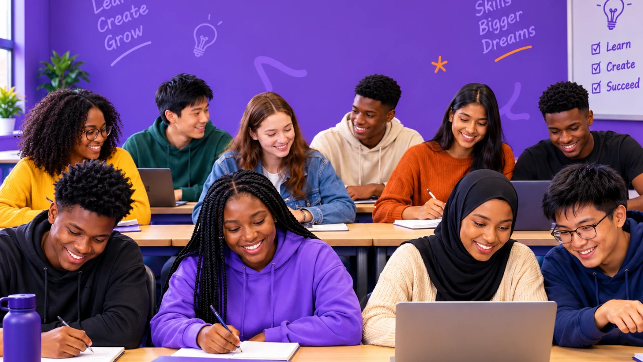 A diverse group learning together with notebooks and laptops in a purple classroom