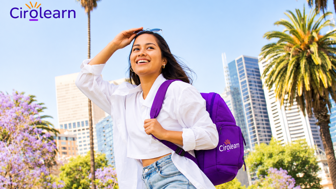 A learner wearing a purple Cirolearn backpack, looking up at the sky with a city skyline, palm trees and flowering trees behind her
